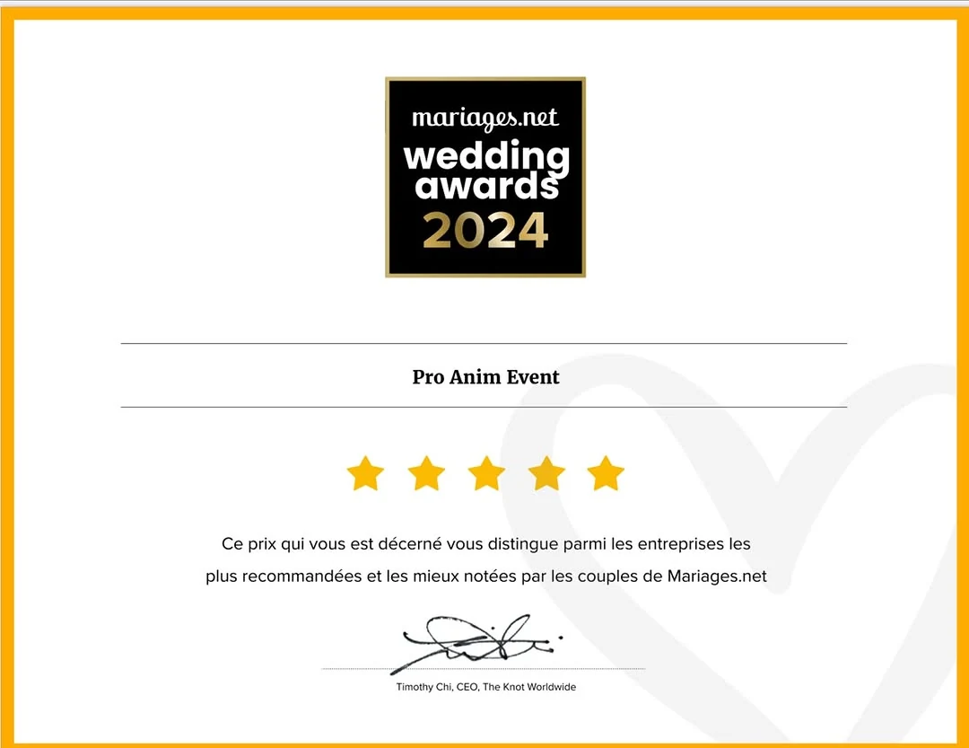 Certificat Wedding Awards 2024 Mariages.net décerné à Pro Anim Event
